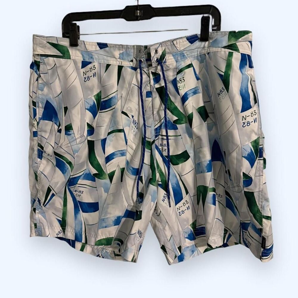 Nautica swim trunks men size XL white blue green sailboat graphic board shorts